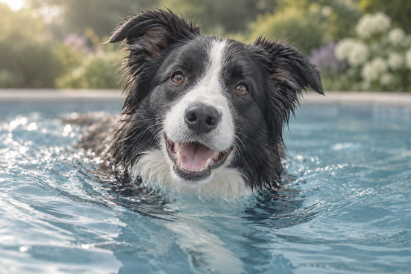 Border collie bianco e nero nuota in una piscina azzurra con il giardino sullo sfondo