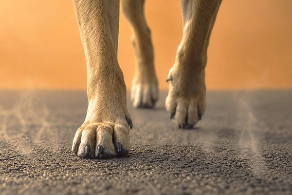 Patas de un perro claro sobre asfalto agrietado con vaho de calor al atardecer