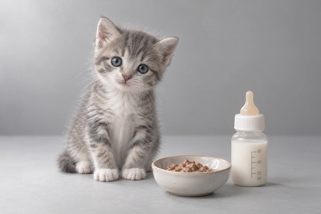 Gatito atigrado gris y blanco sentado junto a un cuenco de comida húmeda y un biberón con leche