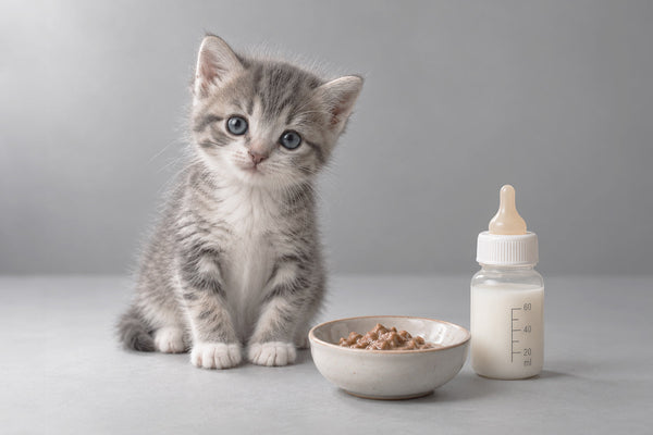 Gatito atigrado gris y blanco sentado junto a un cuenco de comida húmeda y un biberón con leche