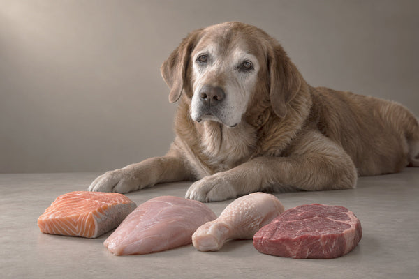 Cane anziano dal pelo dorato sdraiato davanti a salmone, petto e coscia di pollo e bistecca crudi