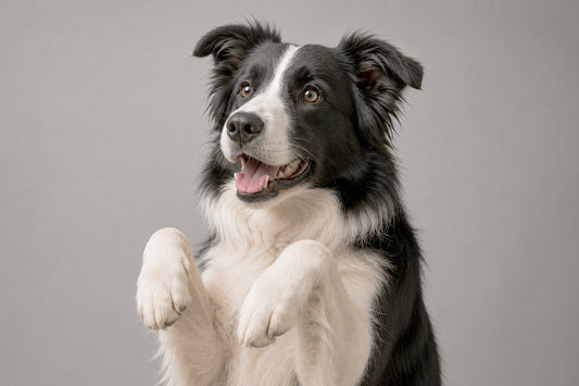 Border collie blanco y negro en posición de atención