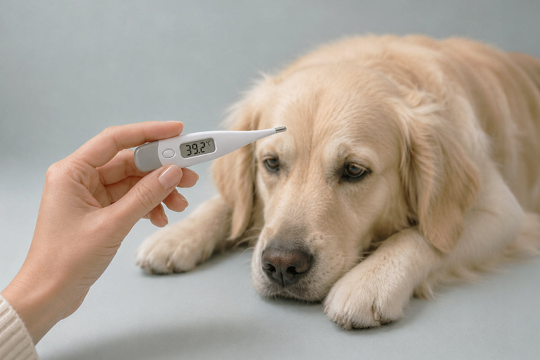 Termometro veterinario e cane durante il controllo della febbre