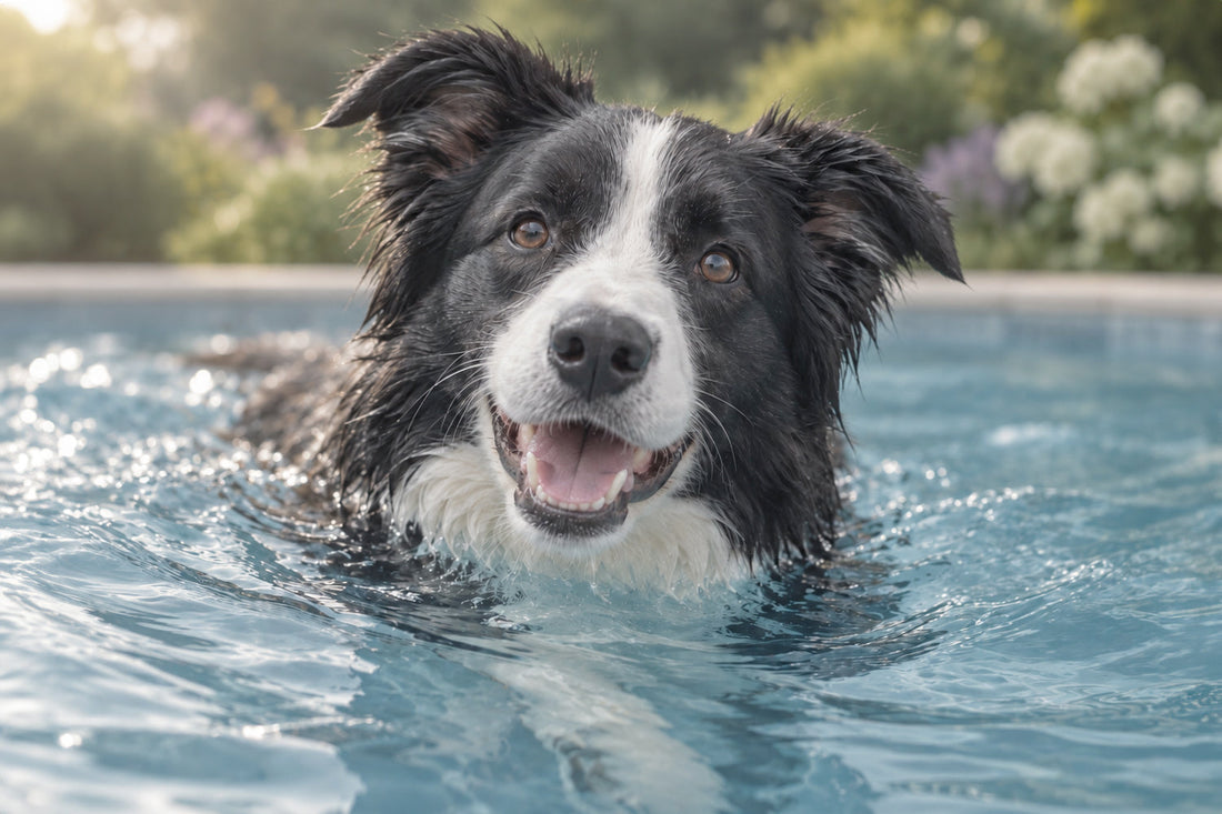 Border collie blanco y negro nadando en una piscina de agua azul con el jardín al fondo