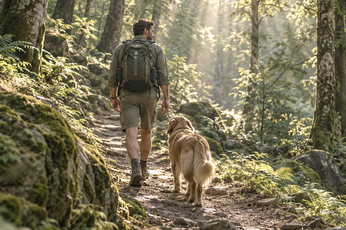Hombre con mochila camina por un sendero rocoso del bosque junto a un golden retriever
