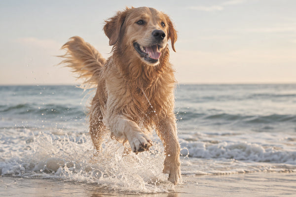 Golden retriever mojado corre entre la espuma de la orilla del mar al atardecer