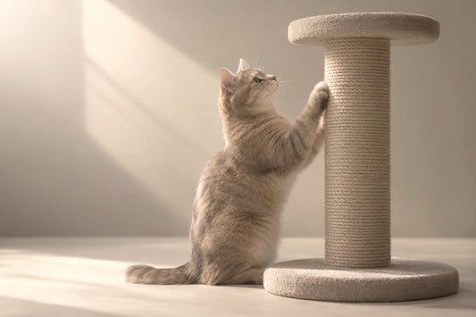 Gato atigrado gris con una pata en el rascador de sisal, luz de ventana en la pared clara