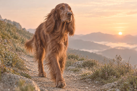 Setter irlandés caminando por un sendero de montaña al atardecer