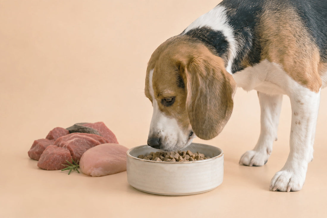 Sacco di crocchette con carne fresca per cani su fondo bianco