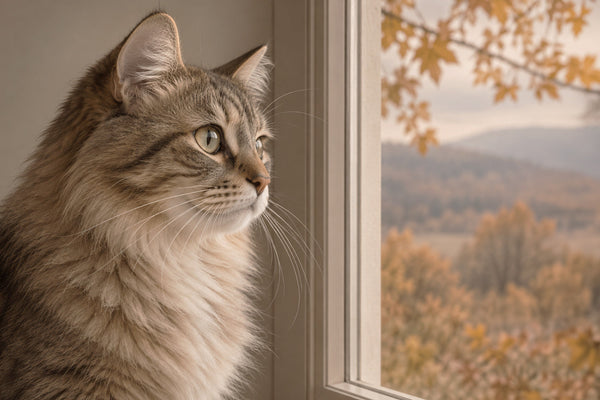 Gatto tigrato a pelo lungo seduto accanto alla finestra che guarda il paesaggio autunnale