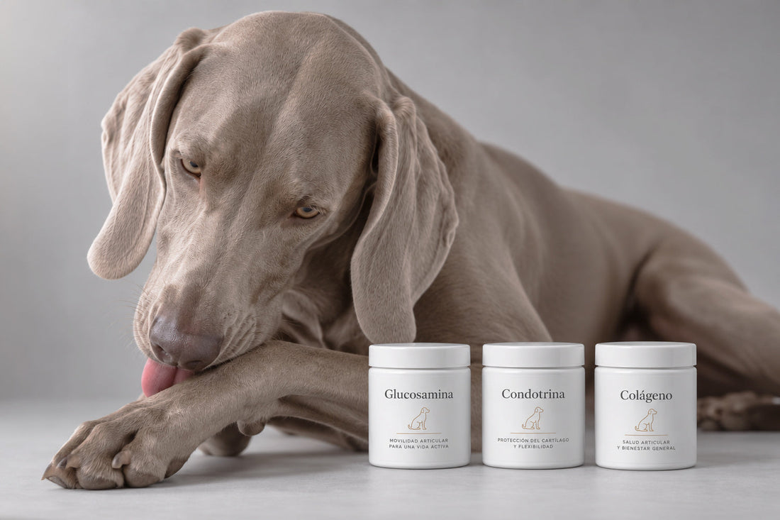 Weimaraner tumbado lamiéndose la pata junto a tres botes blancos de suplementos