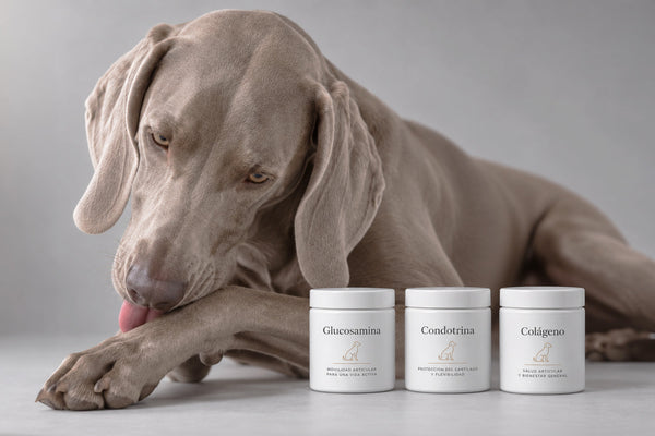 Weimaraner sdraiato che si lecca la zampa accanto a tre barattoli bianchi di integratori
