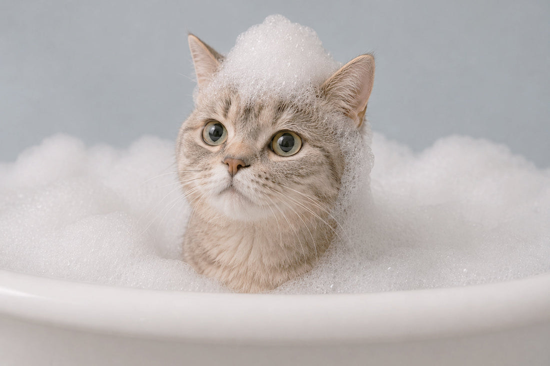 Gatto bagnato mentre viene lavato