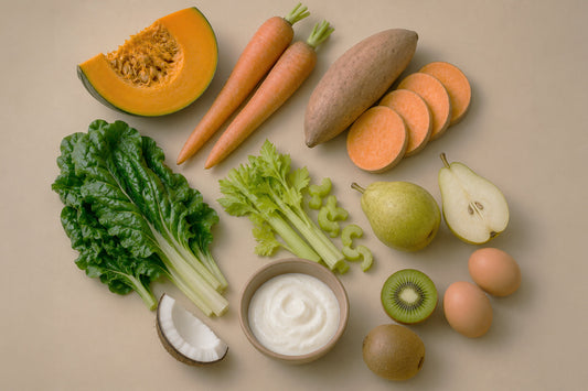 Variedad de alimentos naturales saludables para perros en una mesa