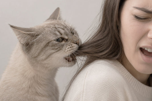 Gato jugando y mordisqueando el cabello de una persona