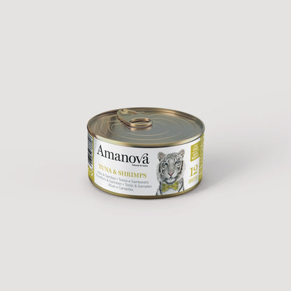 Lata Amanova 12 Atún & Gambas, snack 100% natural para gatos