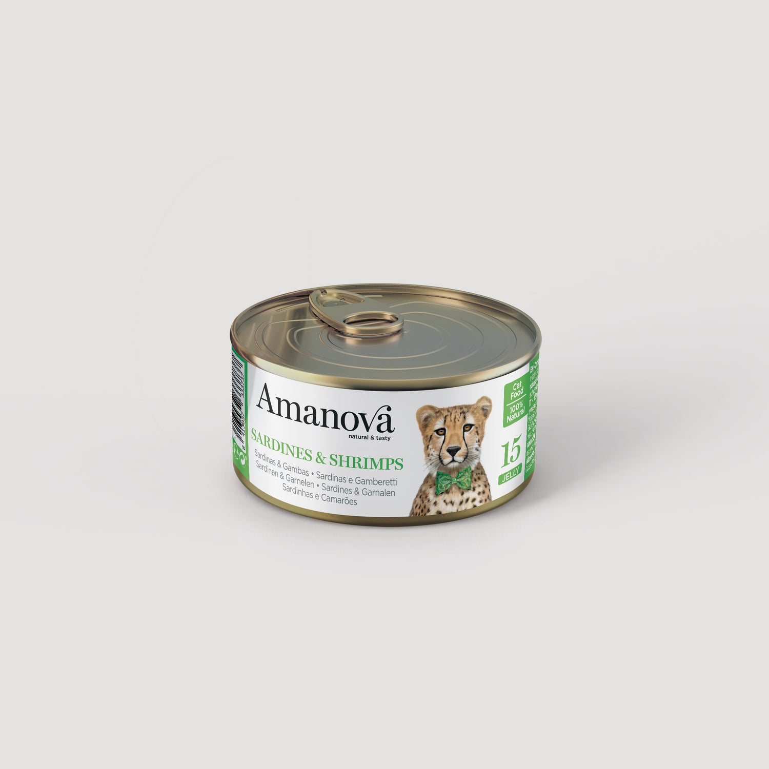 Lata Amanova 15 Sardinas & Gambas, snack 100% natural para gatos