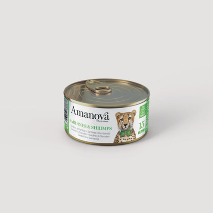 Lata Amanova 15 Sardinas & Gambas, snack 100% natural para gatos
