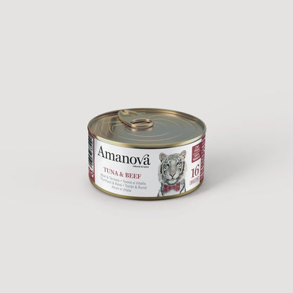 Lata de comida húmeda Amanova para gatos con atún y ternera 100% natural