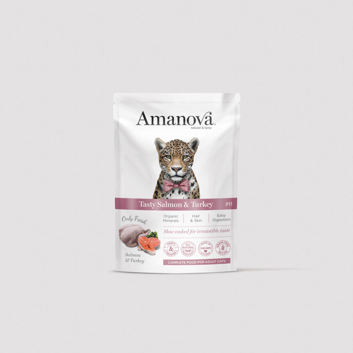 Lata de comida húmeda Amanova P11 Adult Cat con salmón y pavo para gatos