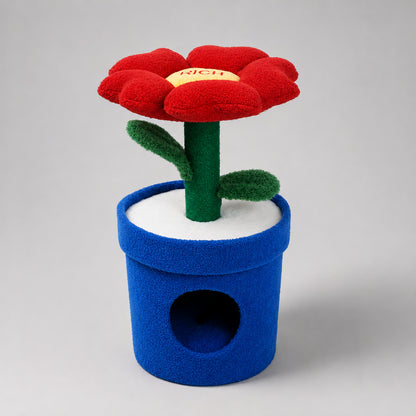 Zeze Rich Pot Flower spazio gatti con forma di vaso blu e fiore rosso